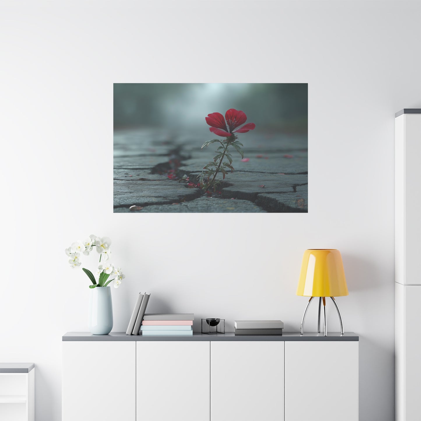 Resilient Bloom: Urban Concrete Nature, Defiant Red Flower Symbolism--1aceswild.myshopify.com