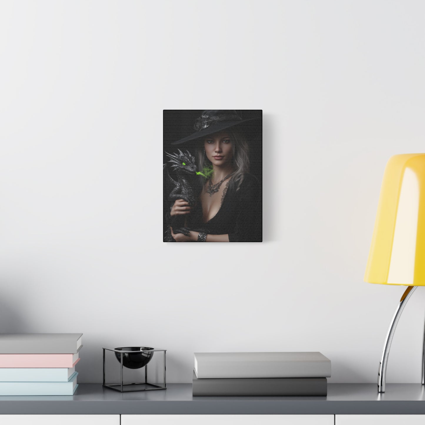 Mystical Dragon Wall Art, Dark Fantasy Home Decor, Witch and Dragon Canvas, Enchanted Art Print, Gothic Room Decoration