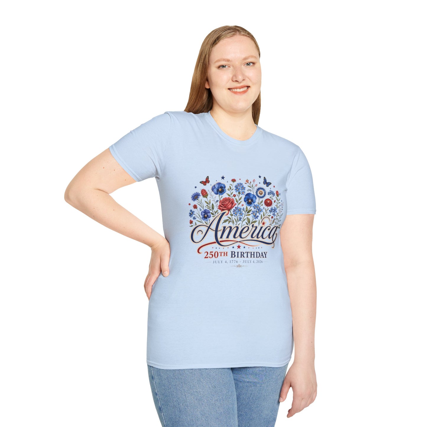 America 250th Birthday Floral T-Shirt — Patriotic 4th of July Tee