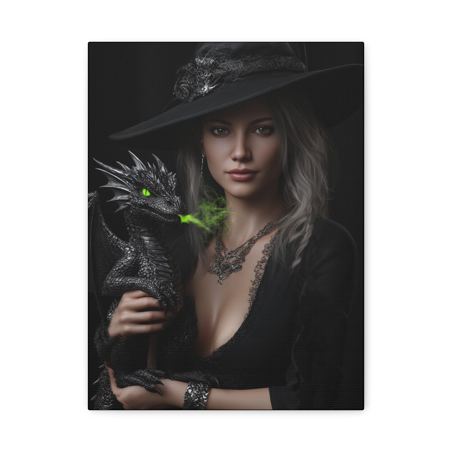 Mystical Dragon Wall Art, Dark Fantasy Home Decor, Witch and Dragon Canvas, Enchanted Art Print, Gothic Room Decoration