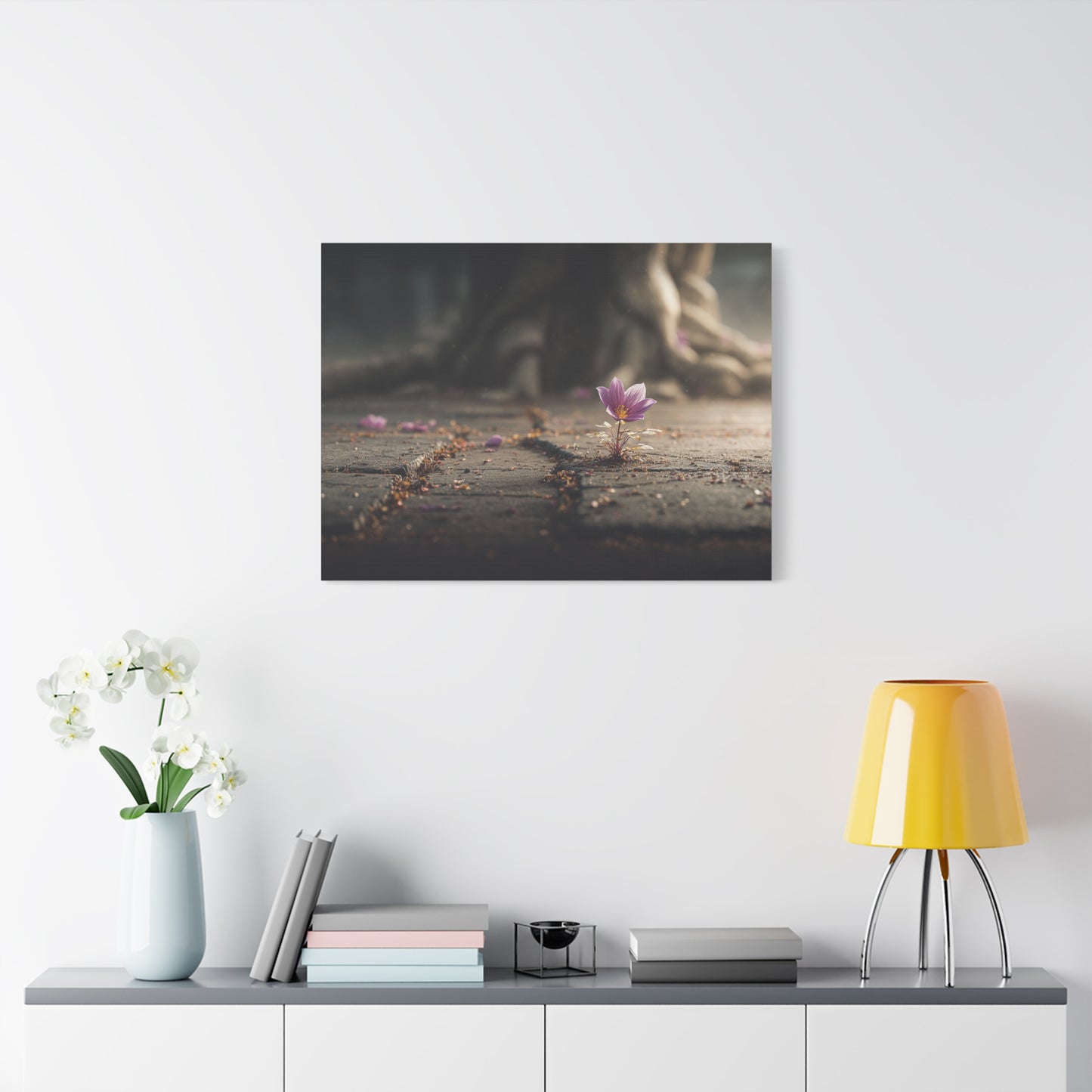 Resilient Bloom: Concrete Flower Macro, Purple Nature Photography--1aceswild.myshopify.com