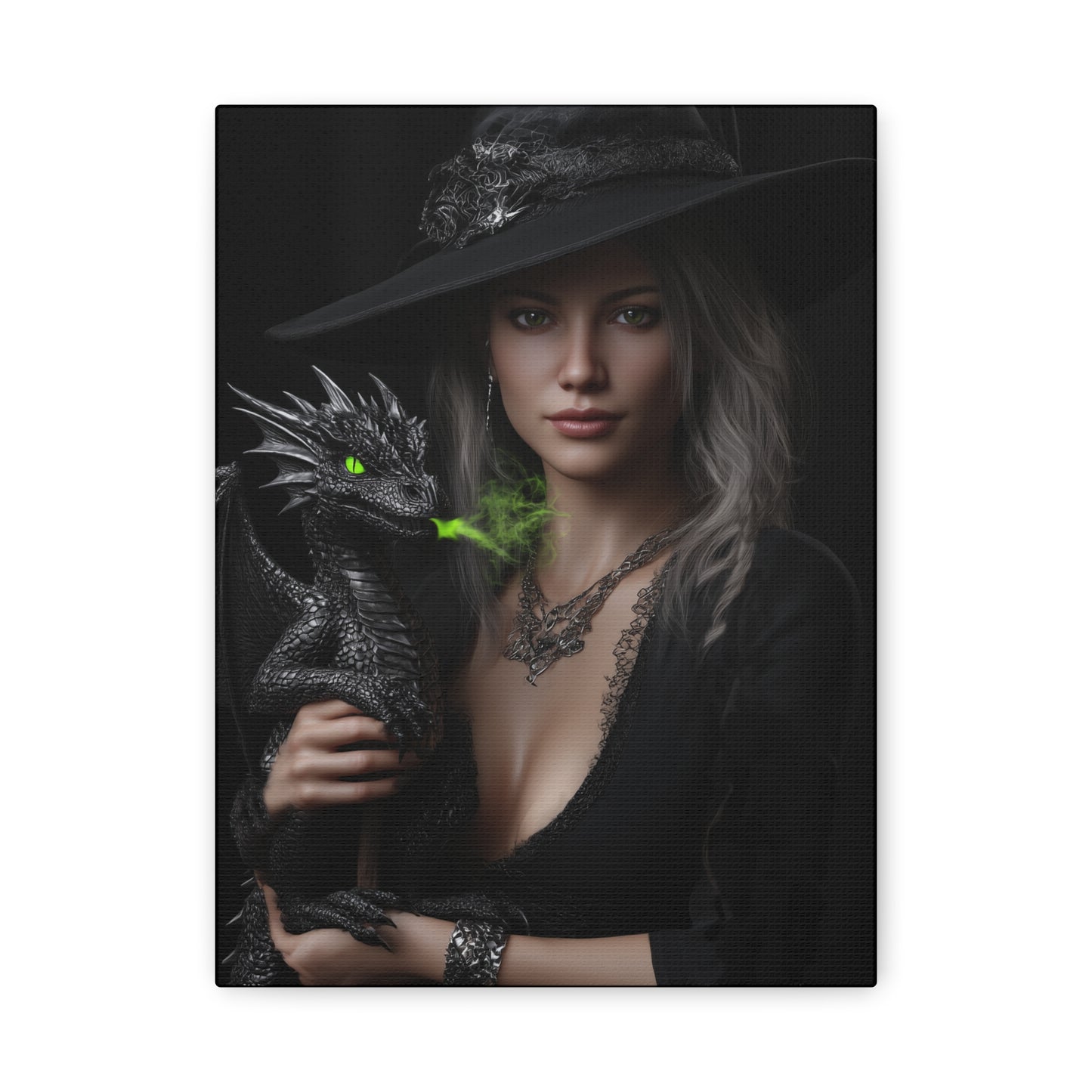 Mystical Dragon Wall Art, Dark Fantasy Home Decor, Witch and Dragon Canvas, Enchanted Art Print, Gothic Room Decoration