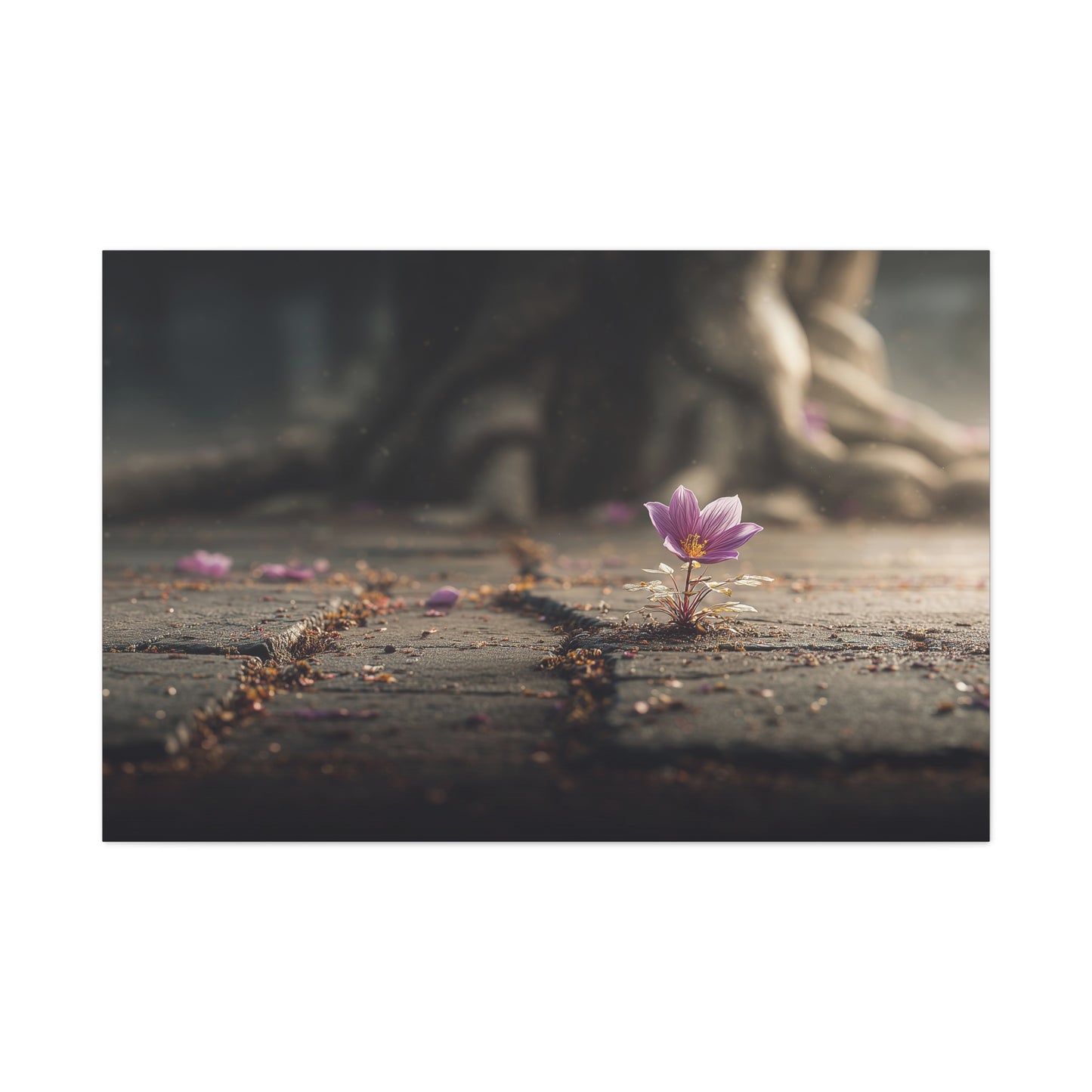 Resilient Bloom: Concrete Flower Macro, Purple Nature Photography--1aceswild.myshopify.com