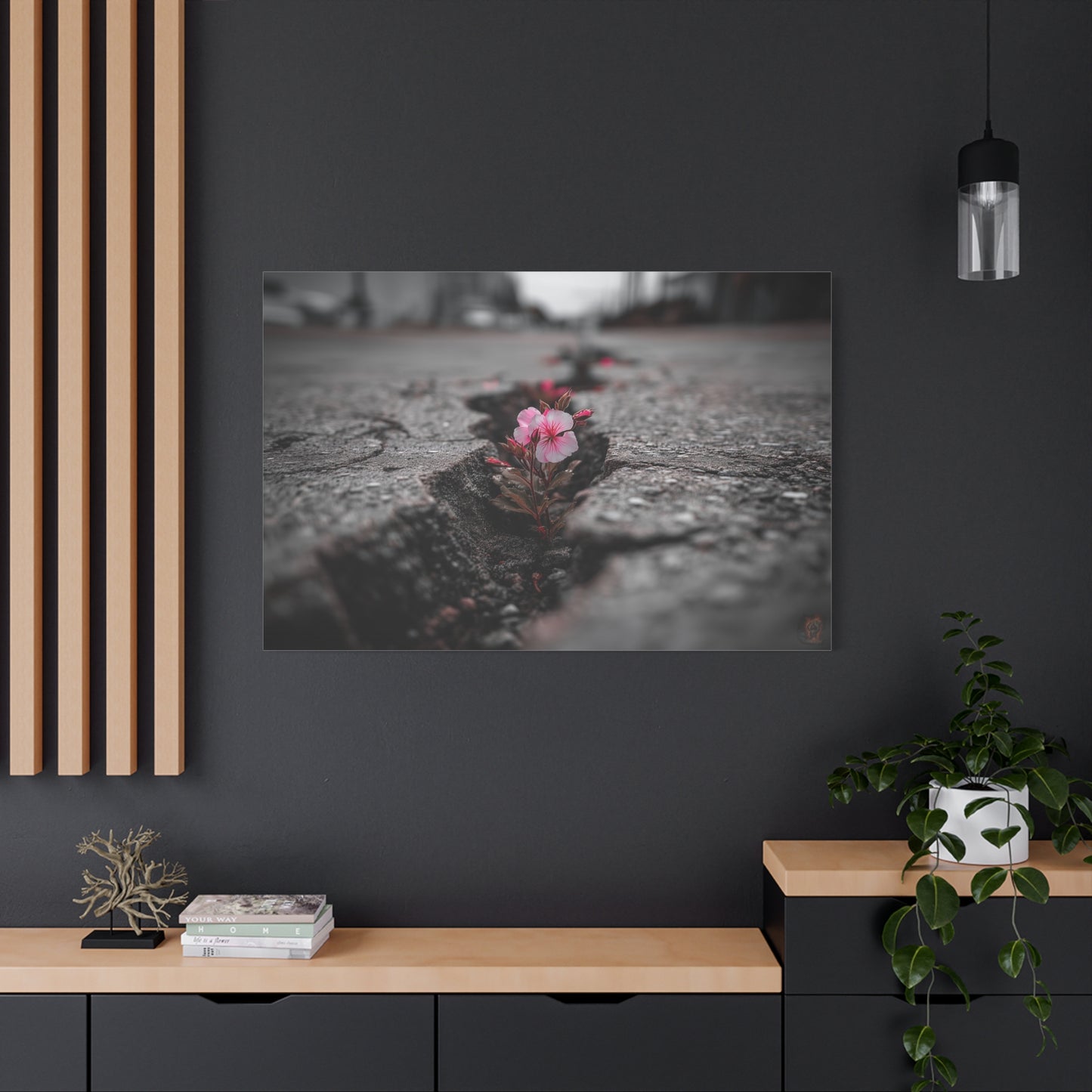 Resilient Bloom: Nature's Defiance, Black and White Urban Photography--1aceswild.myshopify.com