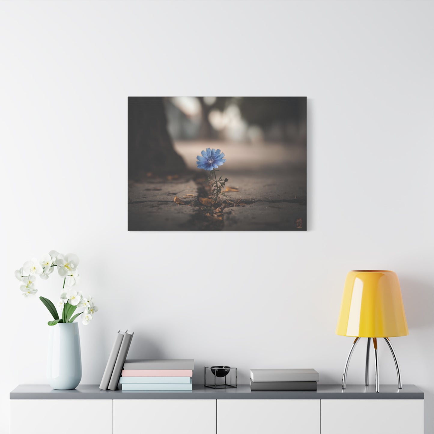 Resilience in Blue: Chicory Flower Emerging, Nature's Defiance Through Concrete--1aceswild.myshopify.com
