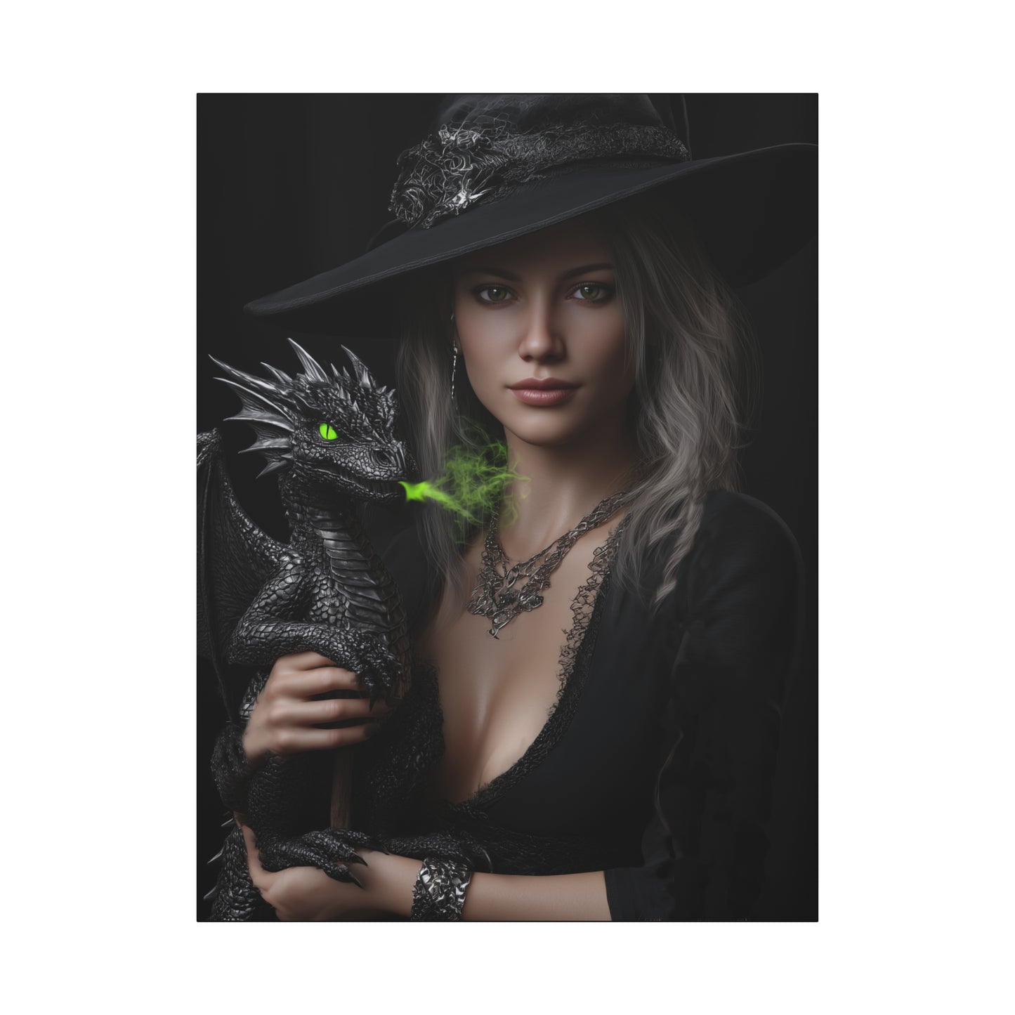 Mystical Dragon Wall Art, Dark Fantasy Home Decor, Witch and Dragon Canvas, Enchanted Art Print, Gothic Room Decoration