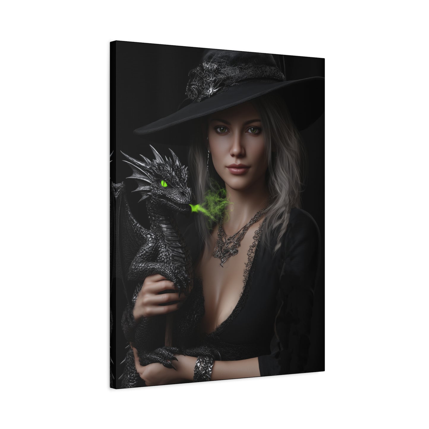 Mystical Dragon Wall Art, Dark Fantasy Home Decor, Witch and Dragon Canvas, Enchanted Art Print, Gothic Room Decoration