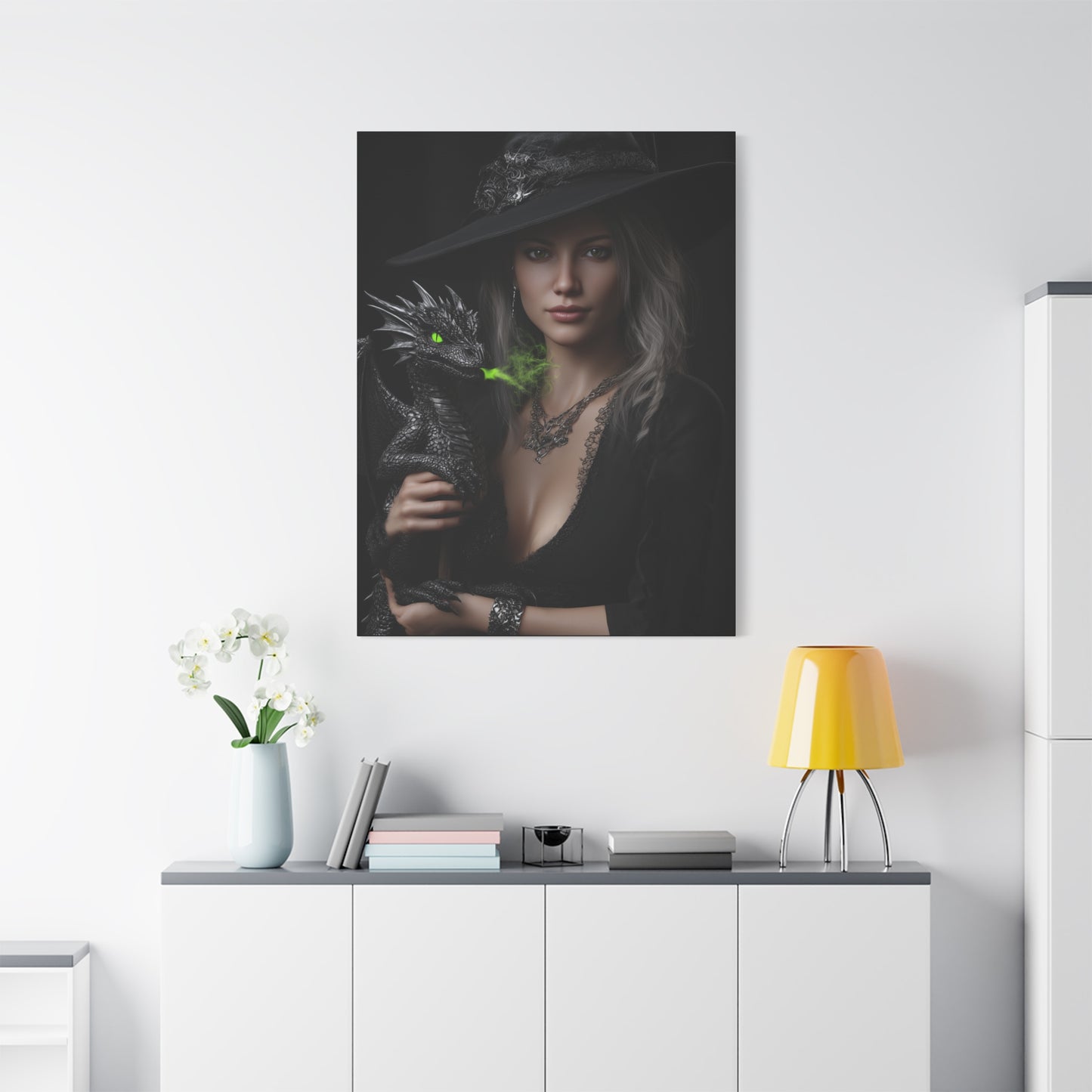 Mystical Dragon Wall Art, Dark Fantasy Home Decor, Witch and Dragon Canvas, Enchanted Art Print, Gothic Room Decoration