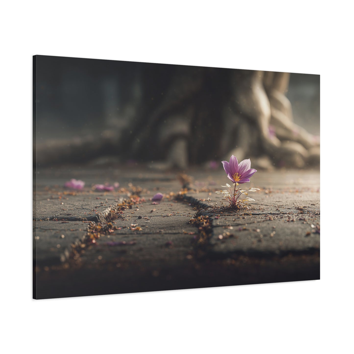 Resilient Bloom: Concrete Flower Macro, Purple Nature Photography--1aceswild.myshopify.com