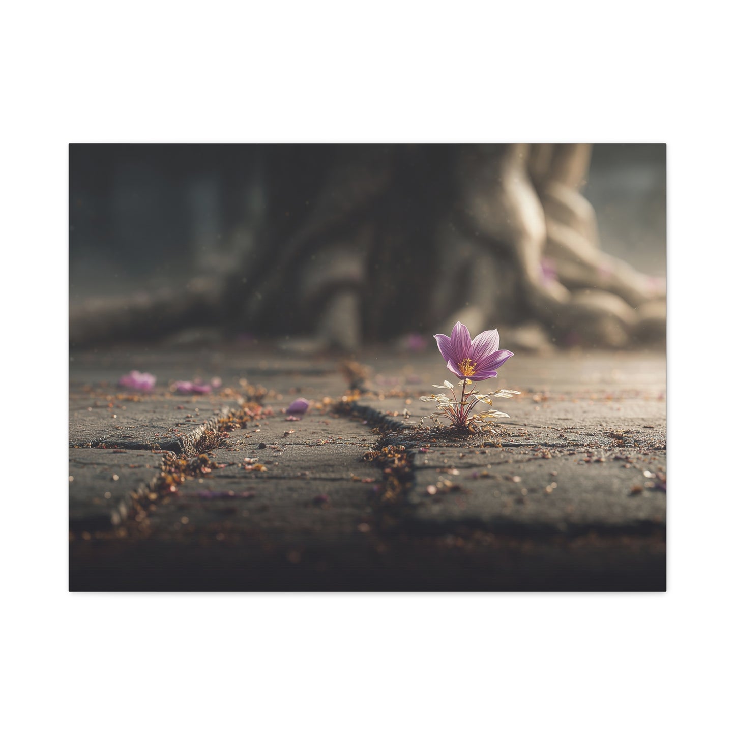 Resilient Bloom: Concrete Flower Macro, Purple Nature Photography--1aceswild.myshopify.com