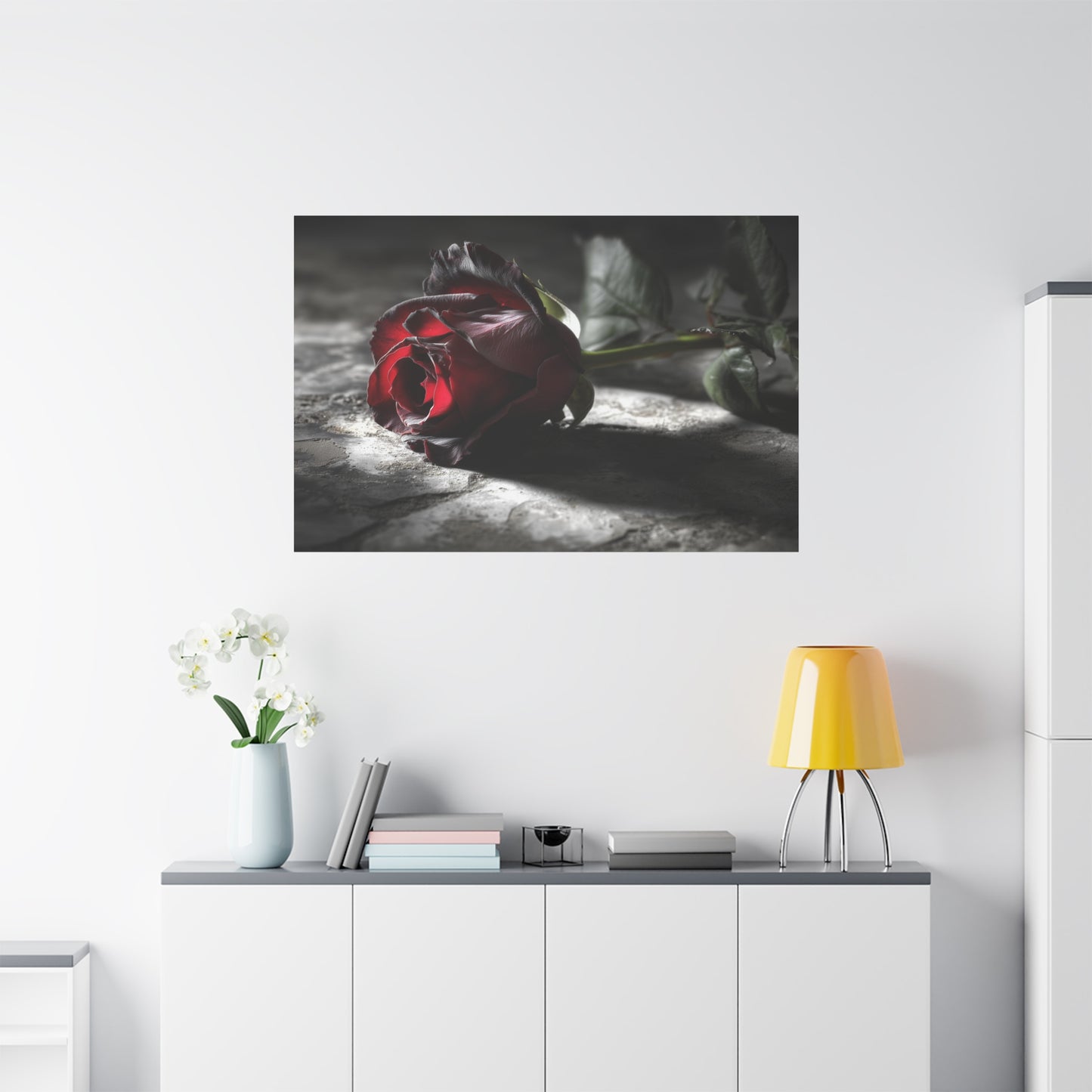 Crimson Solitude: Velveteen Rose in Monochrome, Dramatic Floral Photography--1aceswild.myshopify.com