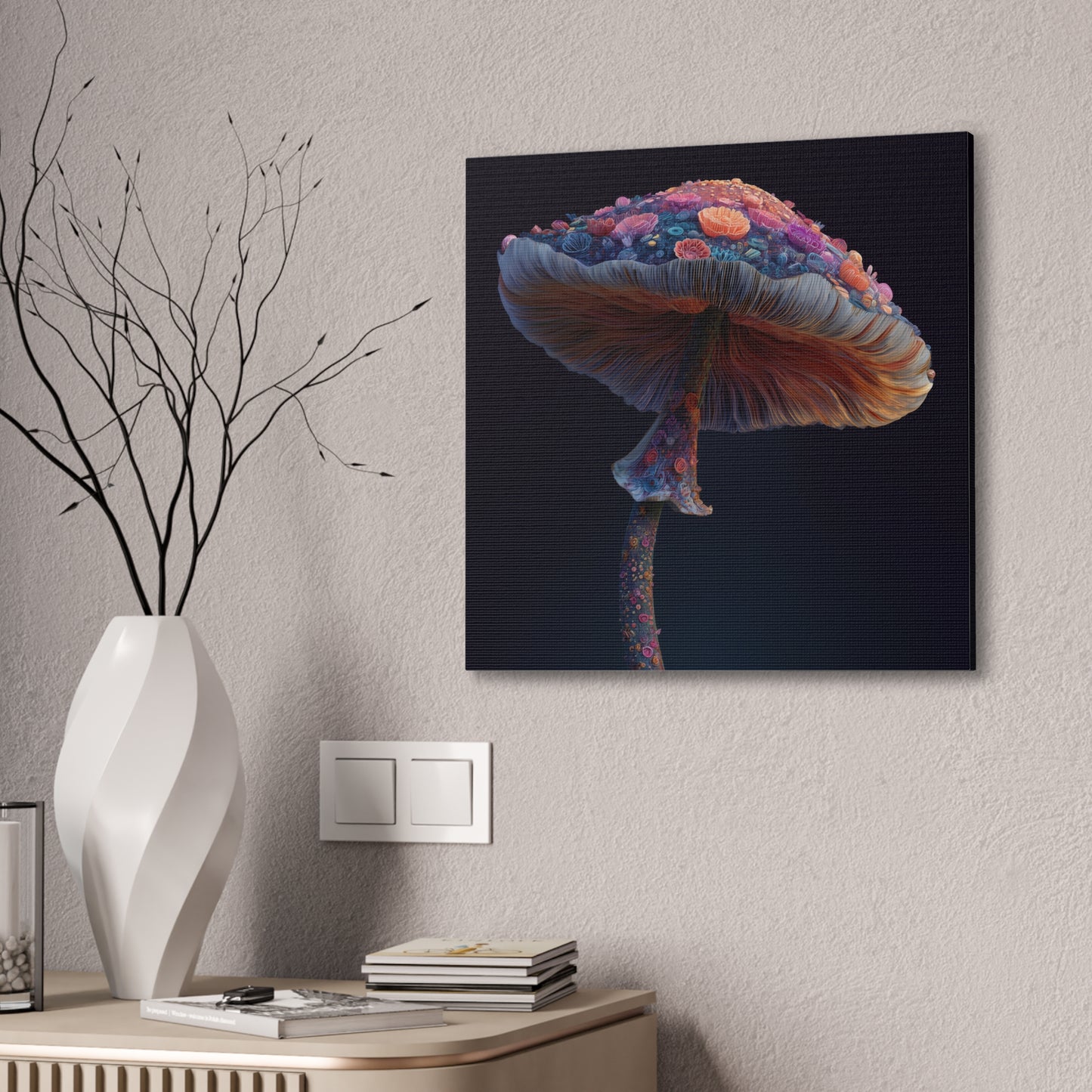Flower Cap-Mushroom Canvas Art, Stretched Wall Decor, Bohemian Home Decor, Psychedelic Wall Art, Nature-Inspired Art
