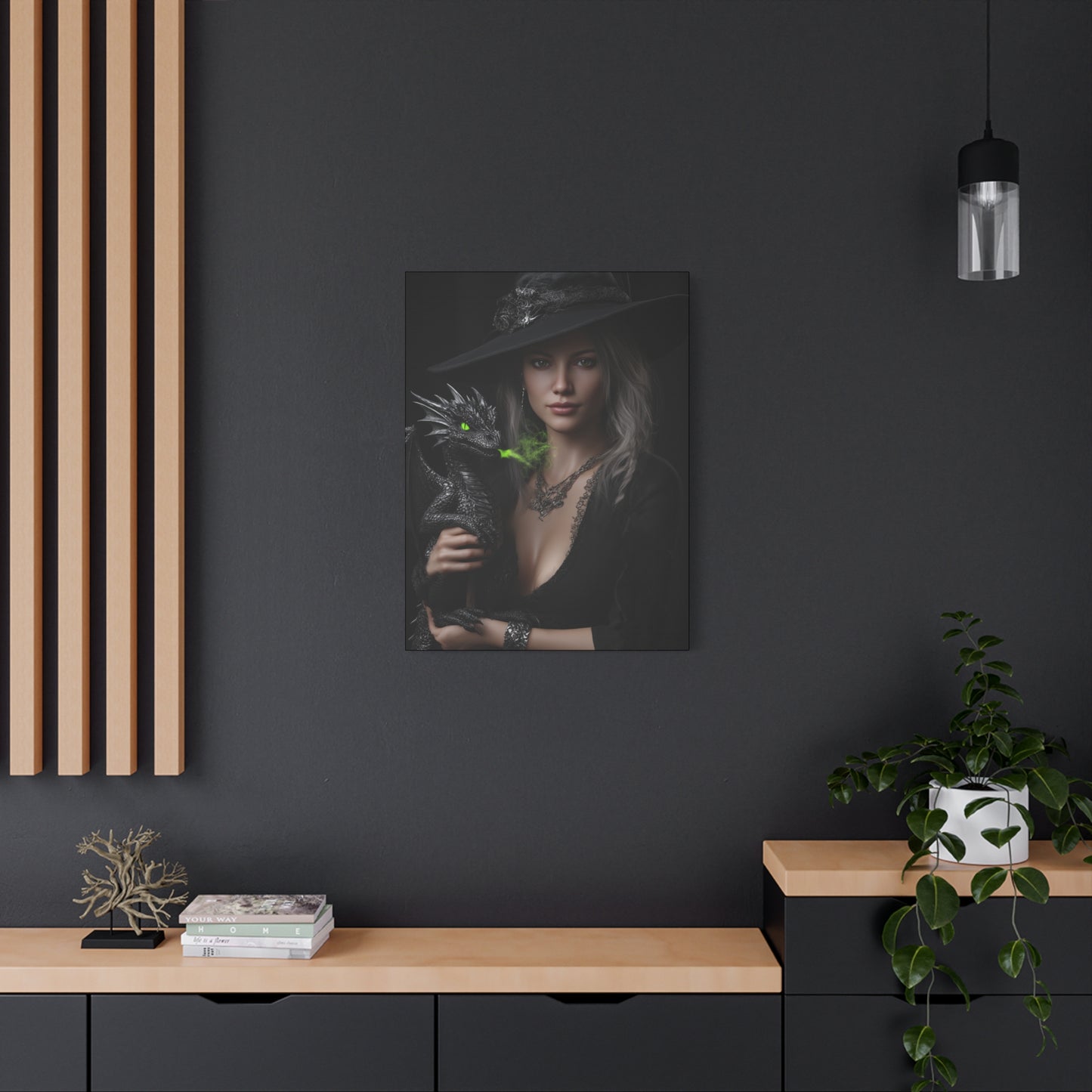 Mystical Dragon Wall Art, Dark Fantasy Home Decor, Witch and Dragon Canvas, Enchanted Art Print, Gothic Room Decoration