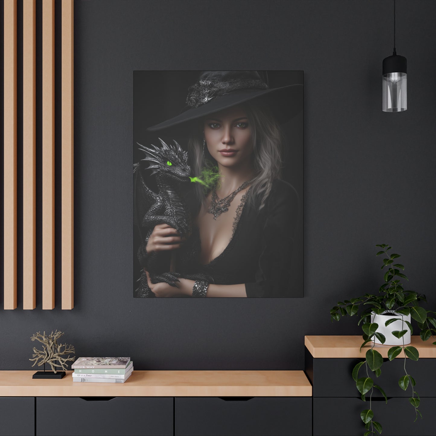 Mystical Dragon Wall Art, Dark Fantasy Home Decor, Witch and Dragon Canvas, Enchanted Art Print, Gothic Room Decoration