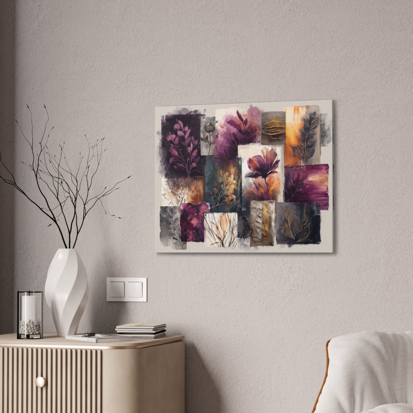 Golden Plum Series #3 Floral Canvas Wall Art, Abstract Flowers Print, Home Decor, Living Room Artwork, Purple and Gold Wall Decor