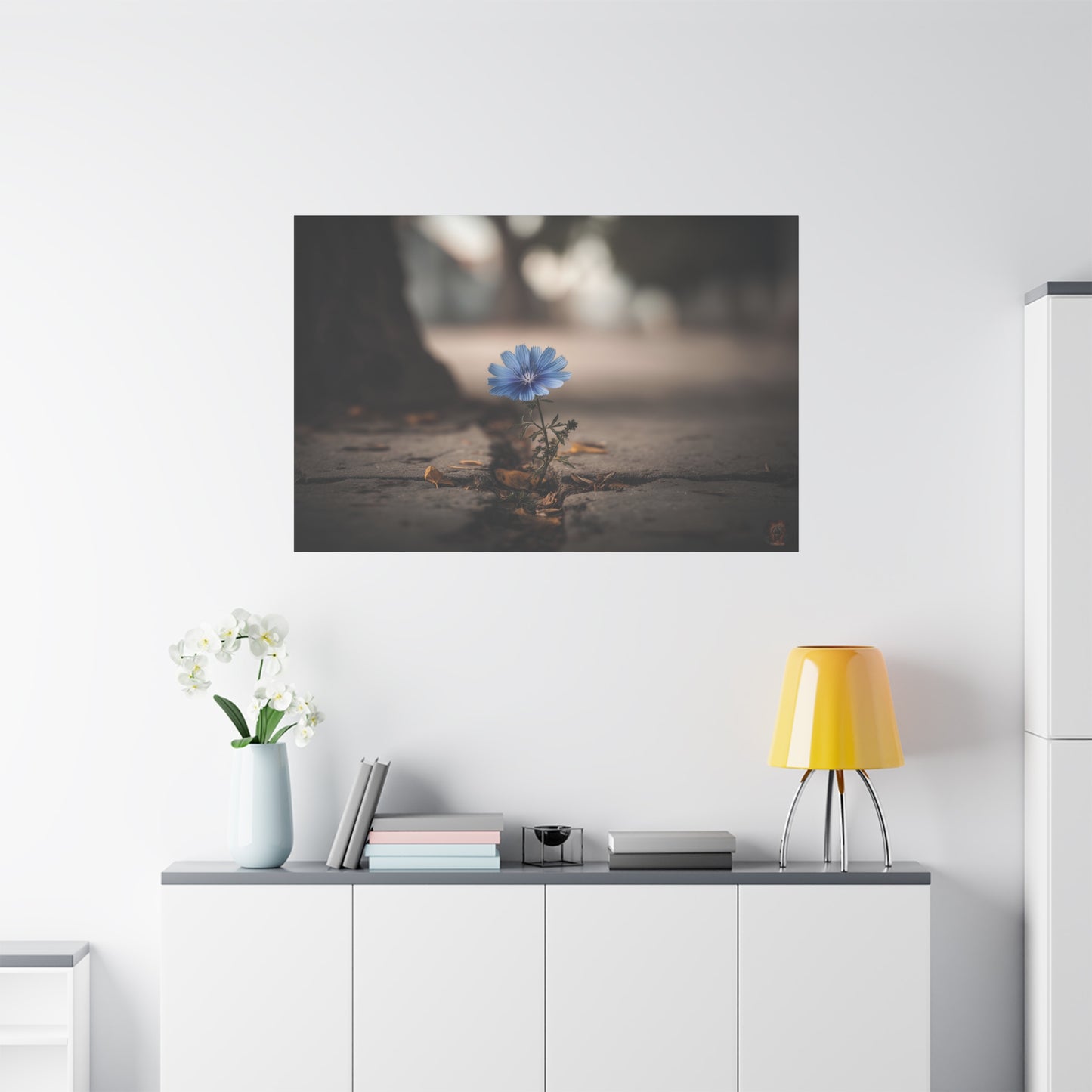Resilience in Blue: Chicory Flower Emerging, Nature's Defiance Through Concrete--1aceswild.myshopify.com
