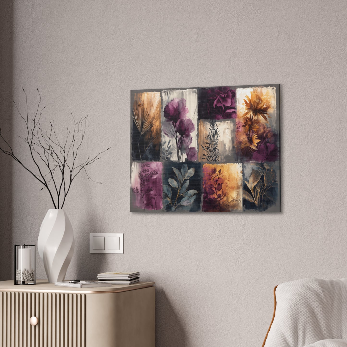 Golden Plum Series #1 Floral Canvas Wall Art, Abstract Flowers Print, Home Decor, Living Room Artwork, Purple and Gold Wall Decor