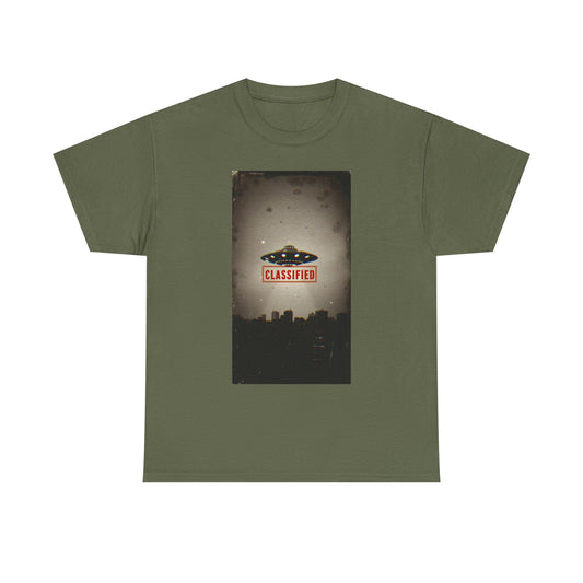 Classified UFO --Unisex Heavy Cotton Tee, Alien Graphic Tee, Sci-Fi Shirt, Gift for UFO Lovers, Casual Wear, Halloween Costume