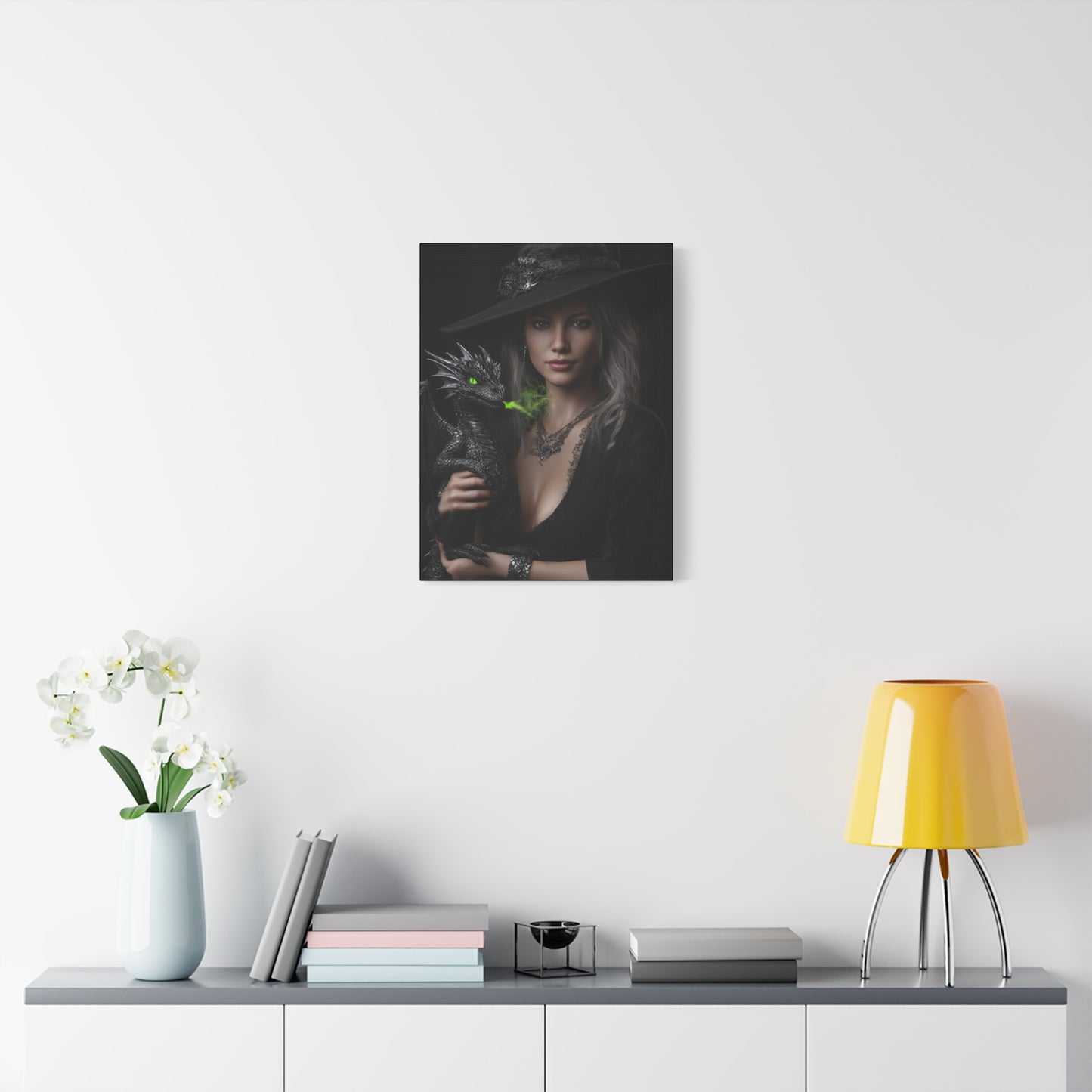 Mystical Dragon Wall Art, Dark Fantasy Home Decor, Witch and Dragon Canvas, Enchanted Art Print, Gothic Room Decoration