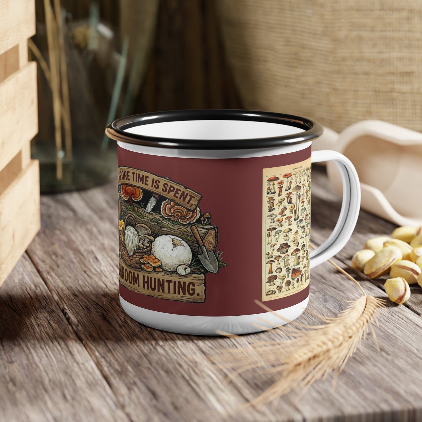 Enamel Camp Cup - 'My Spore Time Is Spent' Mushroom Hunting Mug with Mushroom ID Chart
