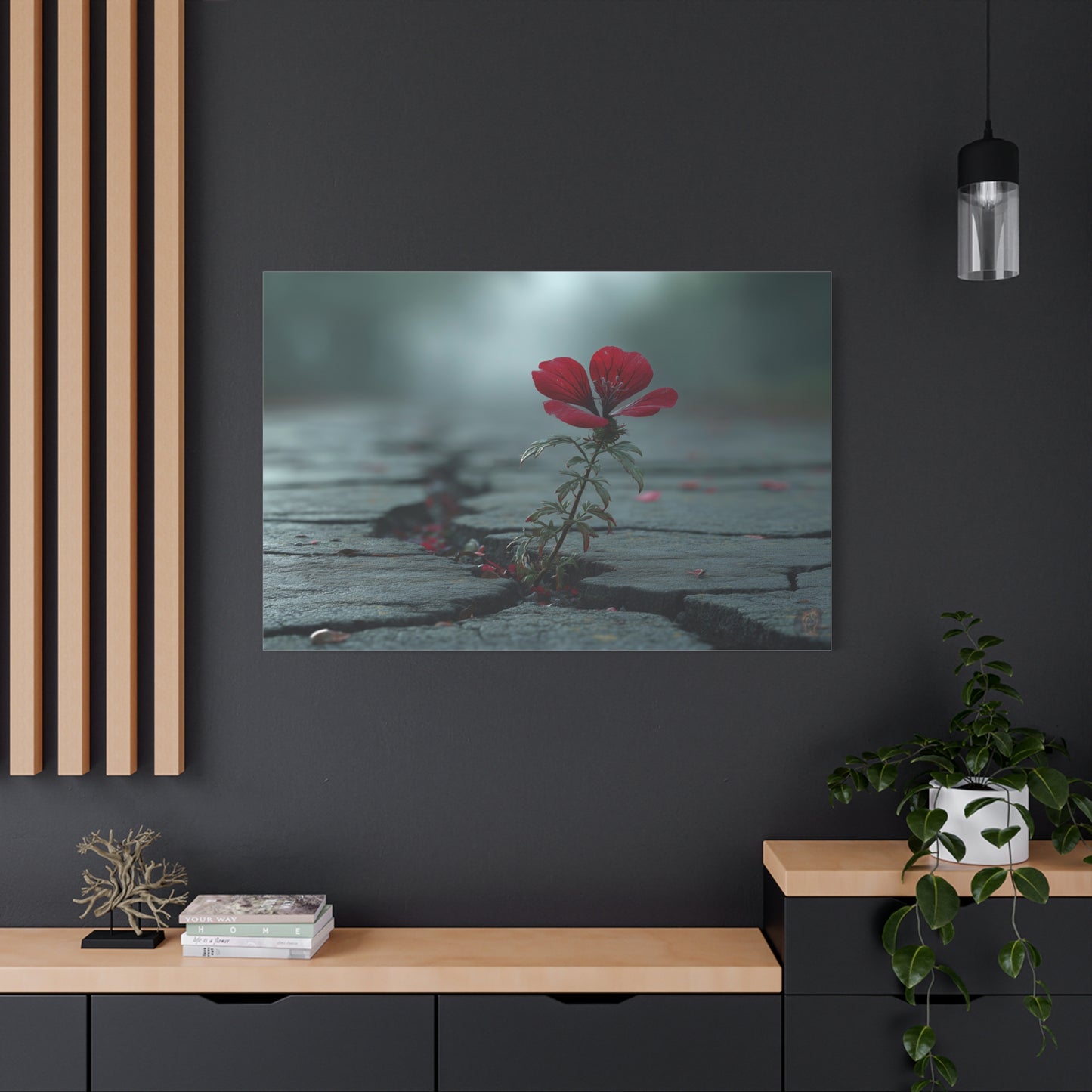 Resilient Bloom: Urban Concrete Nature, Defiant Red Flower Symbolism--1aceswild.myshopify.com