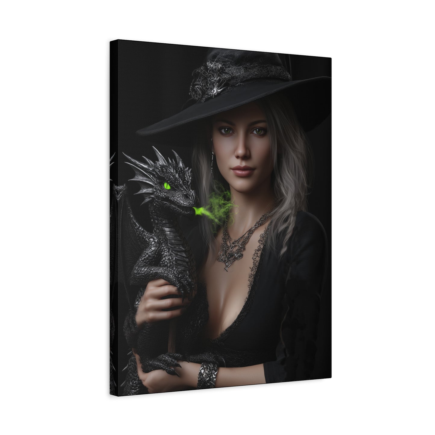 Mystical Dragon Wall Art, Dark Fantasy Home Decor, Witch and Dragon Canvas, Enchanted Art Print, Gothic Room Decoration