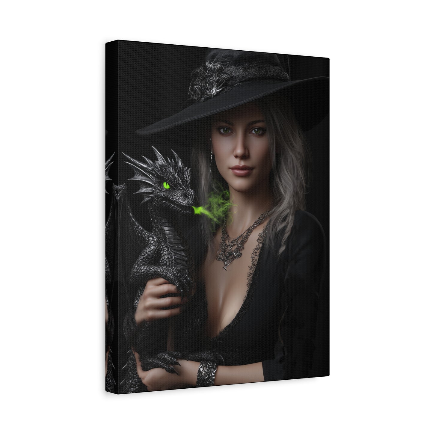 Mystical Dragon Wall Art, Dark Fantasy Home Decor, Witch and Dragon Canvas, Enchanted Art Print, Gothic Room Decoration