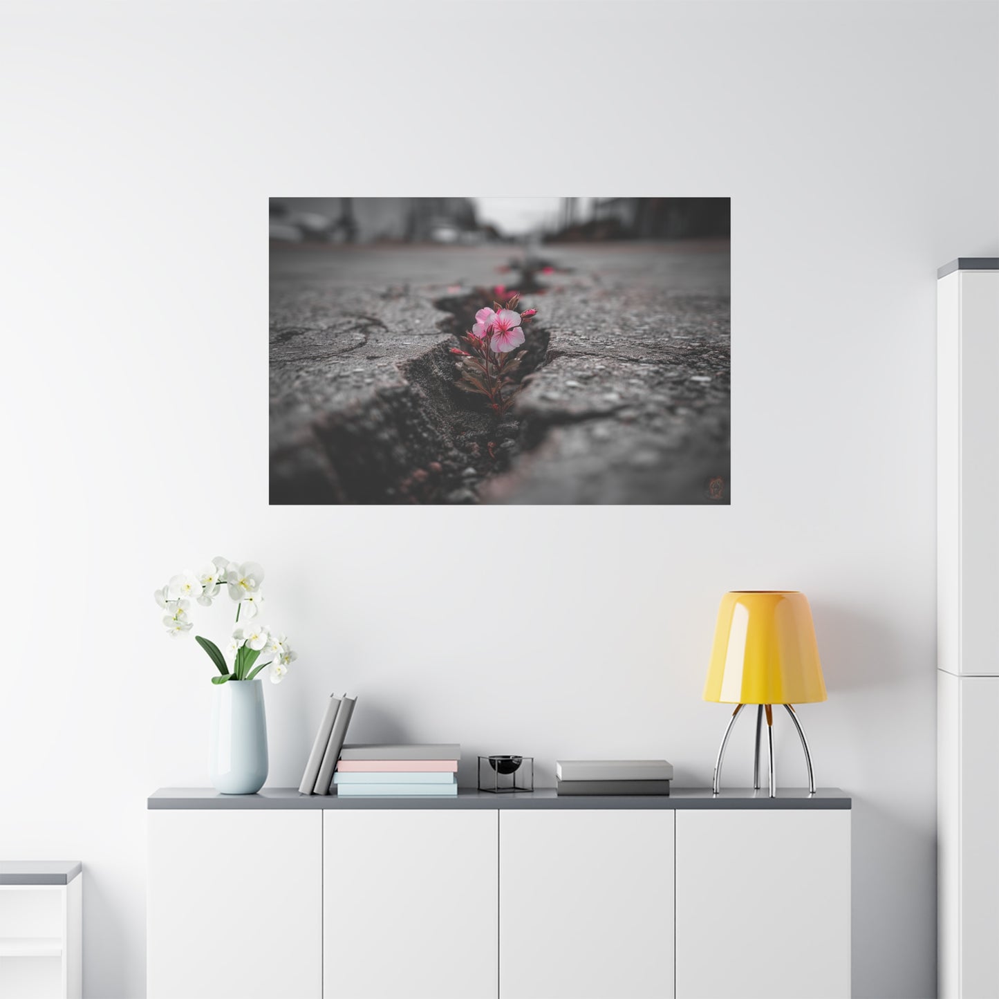 Resilient Bloom: Nature's Defiance, Black and White Urban Photography--1aceswild.myshopify.com