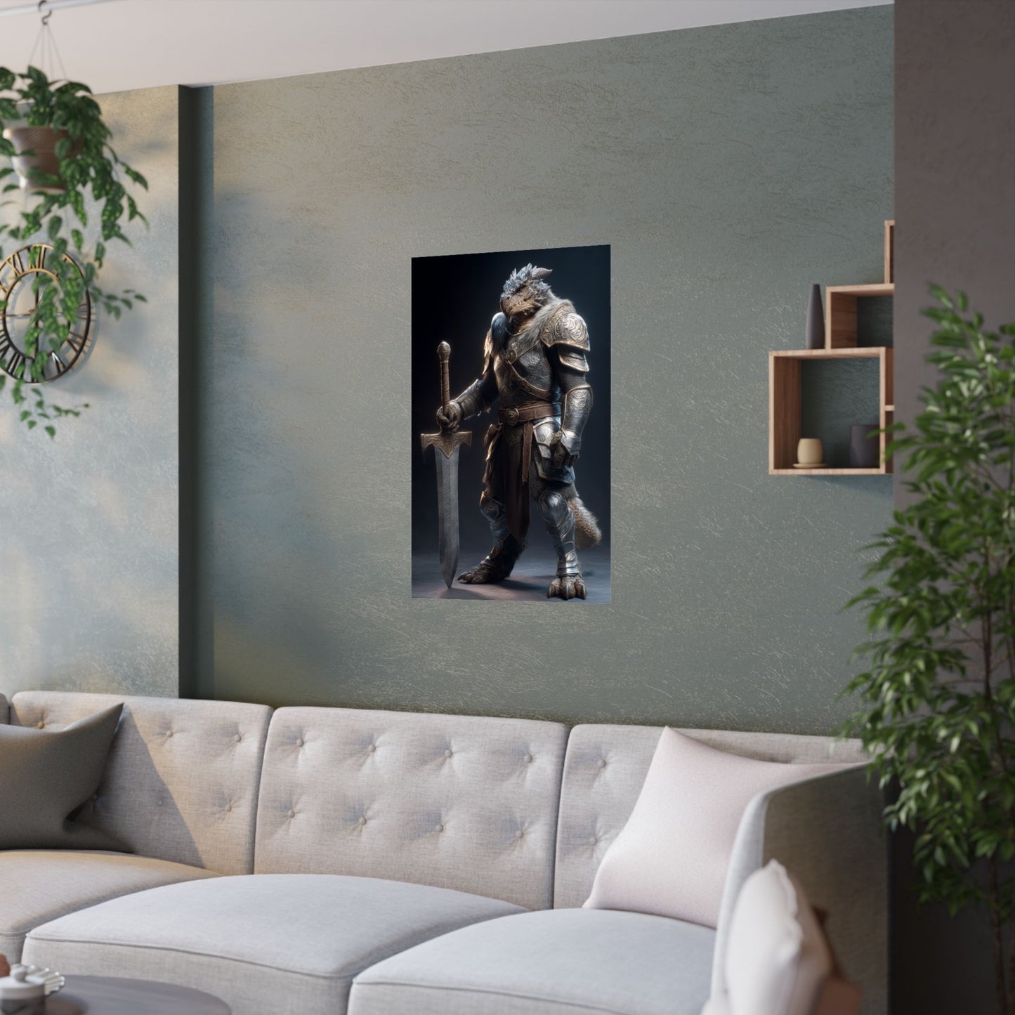 Fantasy Dragon Born Knight Satin Paper Poster — Armored Dragonborn Warrior Wall Art
