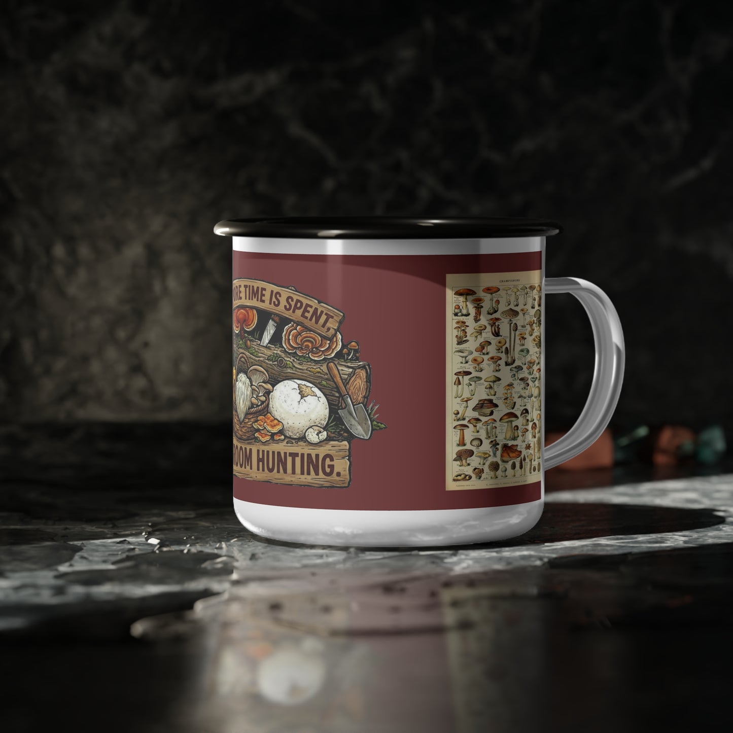 Enamel Camp Cup - 'My Spore Time Is Spent' Mushroom Hunting Mug with Mushroom ID Chart