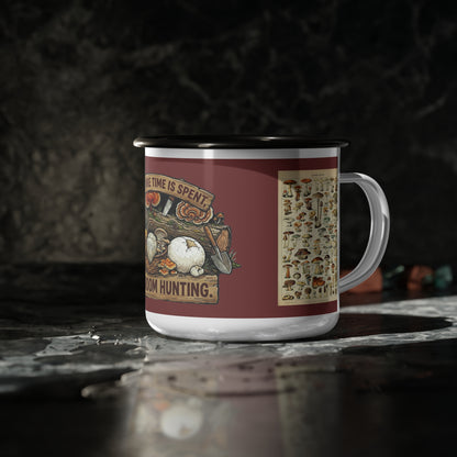 Enamel Camp Cup - 'My Spore Time Is Spent' Mushroom Hunting Mug with Mushroom ID Chart