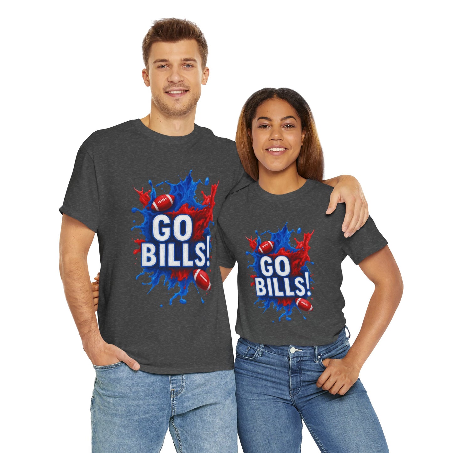 Go Bills -Cheerful Sports Tee - Go Bills! Unisex Heavy Cotton T-Shirt, Game Day Apparel, Football Fan Shirt, Spirit Wear, Gift for Sports Lovers
