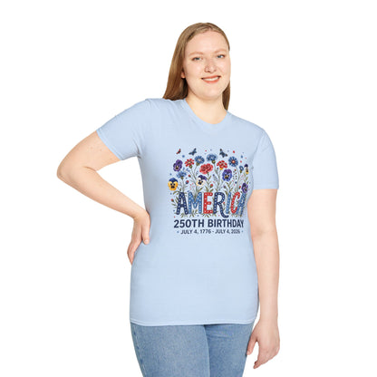 America 250th Birthday T-Shirt – July 4, 1776–2026 Patriotic Floral Tee