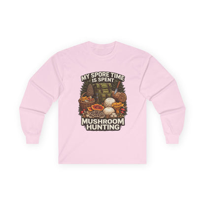Mushroom Hunting Long Sleeve Tee — "My Spore Time Is Spent" For Foragers & Nature Lovers