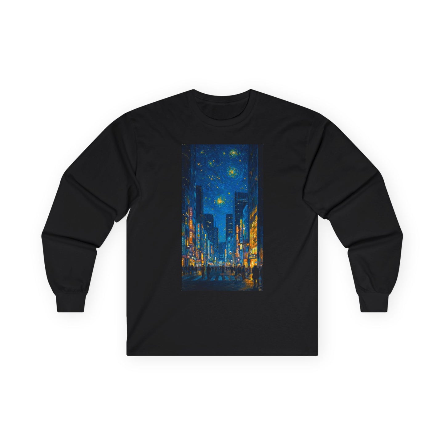Starry Cityscape Long Sleeve Tee — Night Skyline Urban Art Shirt