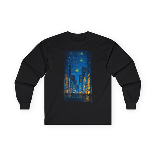 Starry Cityscape Long Sleeve Tee — Night Skyline Urban Art Shirt