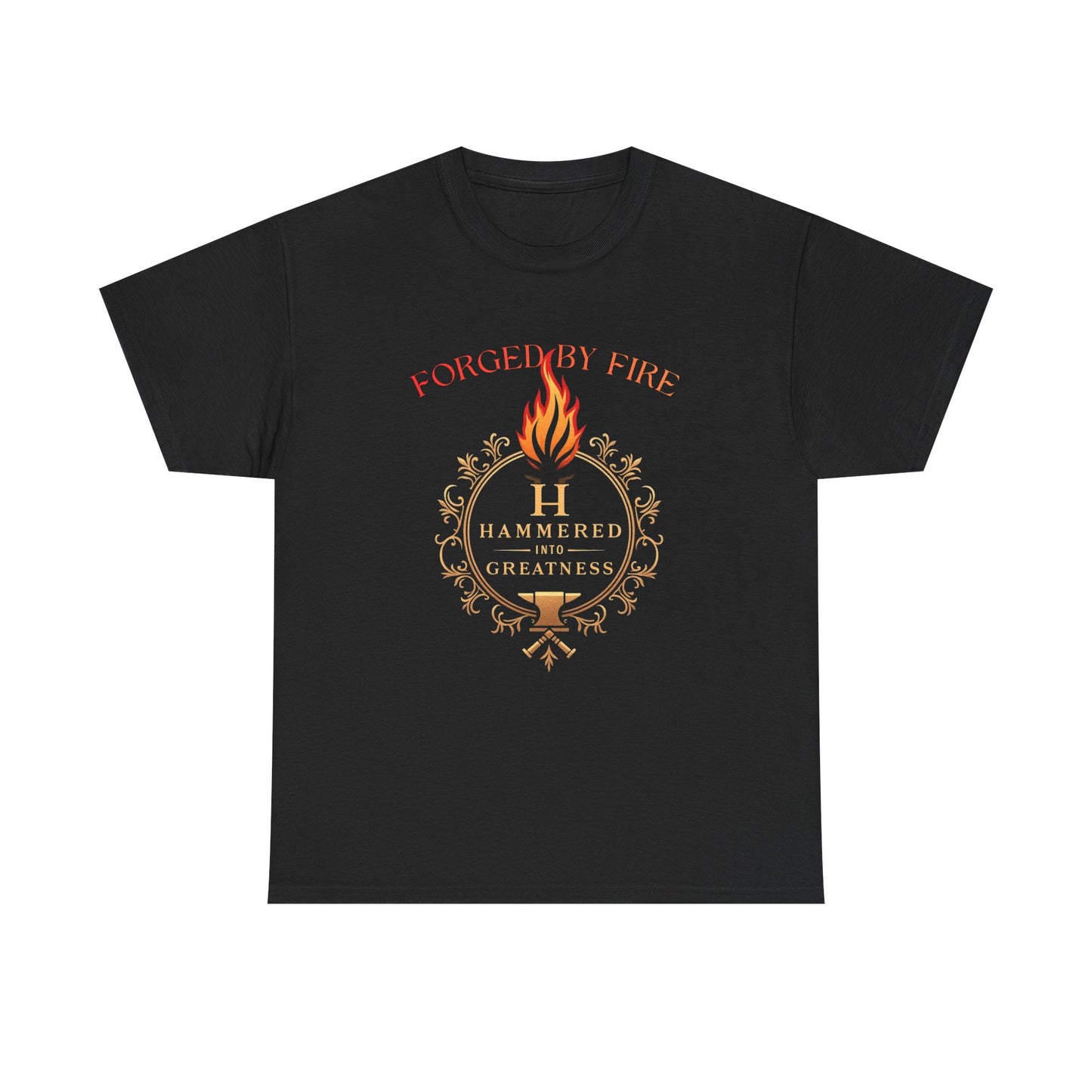 Forged By Fire T‑Shirt — Flaming Torch Crest Graphic Tee