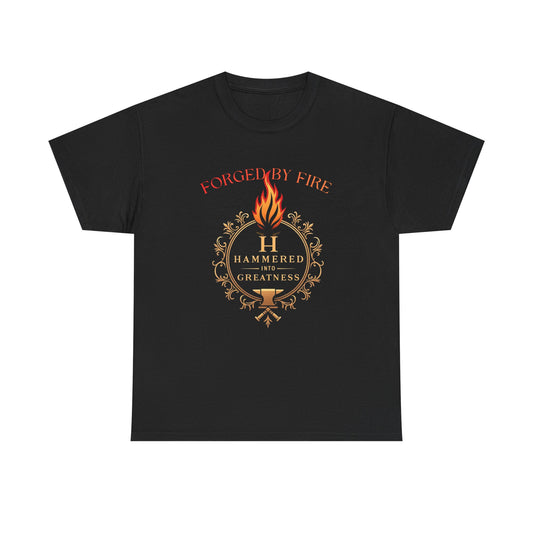 Forged By Fire T‑Shirt — Flaming Torch Crest Graphic Tee