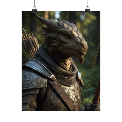 Fantasy Dragonborn Ranger Satin Paper Poster — Armored Dragonborn Ranger Wall Art