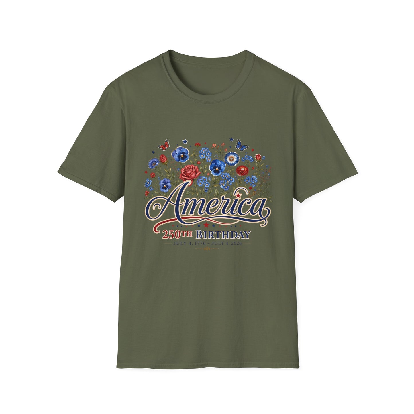 America 250th Birthday Floral T-Shirt — Patriotic 4th of July Tee
