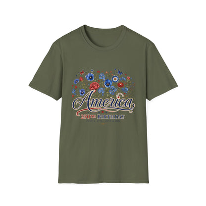 America 250th Birthday Floral T-Shirt — Patriotic 4th of July Tee