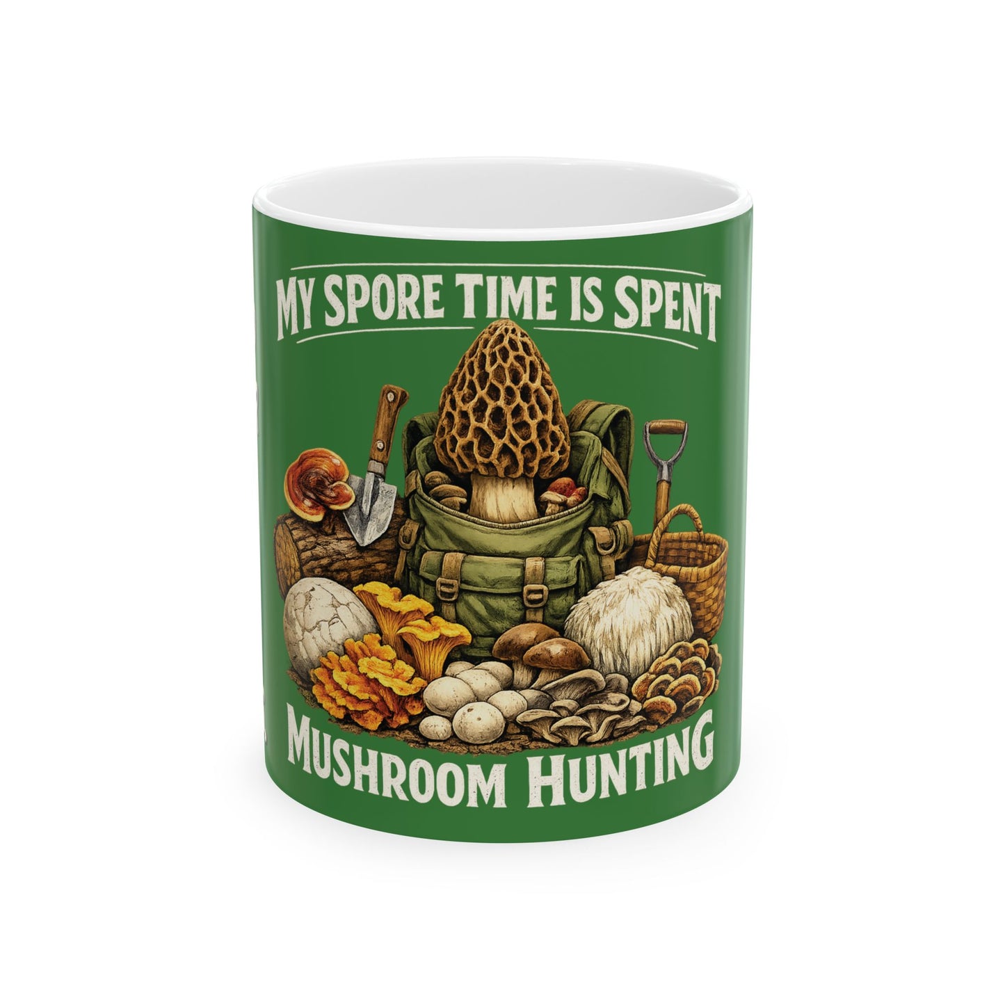 Mushroom Hunting Ceramic Mug 2 — "My Spare Time Is Spent Mushroom Hunting" Coffee Cup