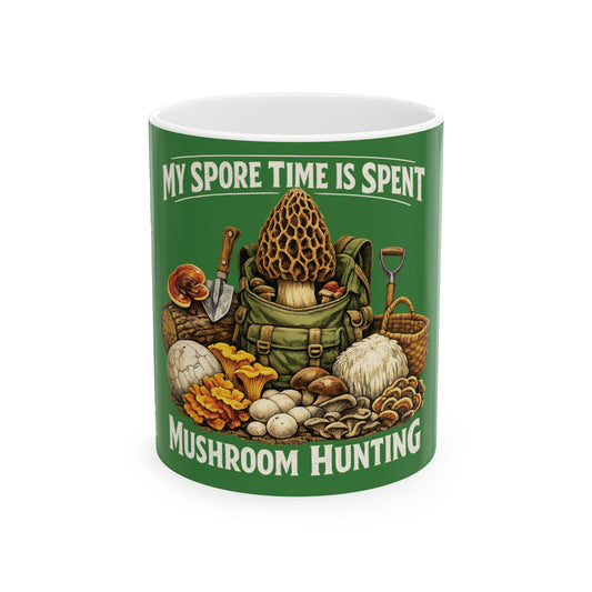 Mushroom Hunting Ceramic Mug 2 — "My Spare Time Is Spent Mushroom Hunting" Coffee Cup