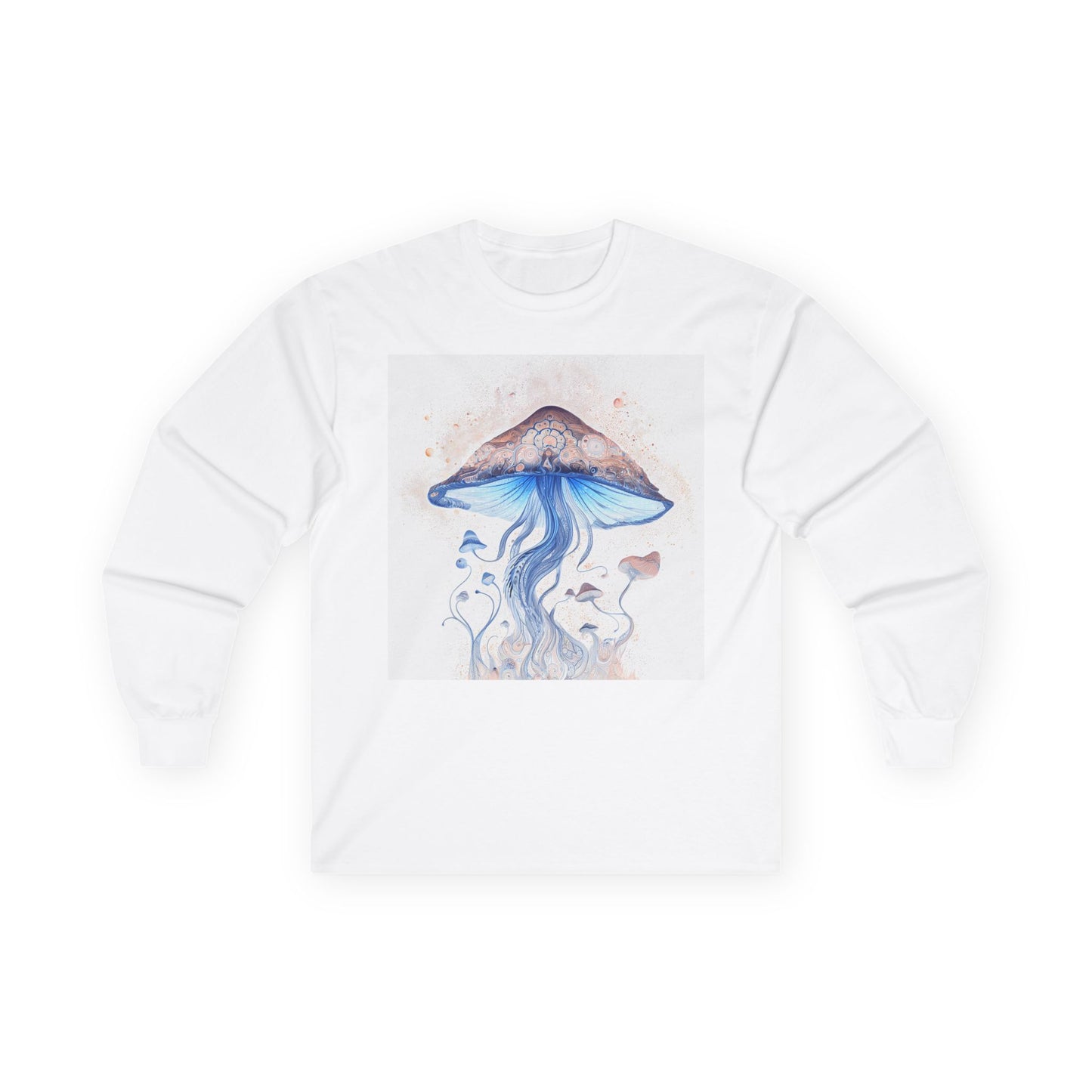 Mushroom Glow Long Sleeve Tee — Blue Watercolor Fungi Art