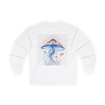 Mushroom Glow Long Sleeve Tee — Blue Watercolor Fungi Art
