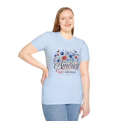 America 250th Birthday Floral T-Shirt — Patriotic 4th of July Tee