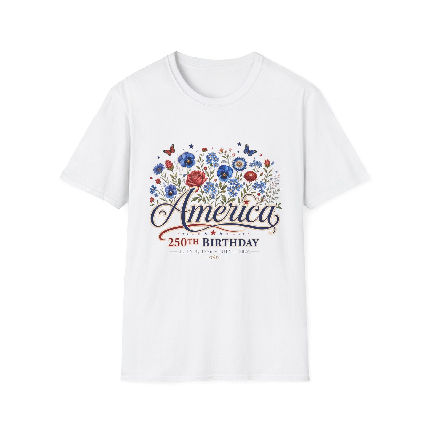 America 250th Birthday Floral T-Shirt — Patriotic 4th of July Tee