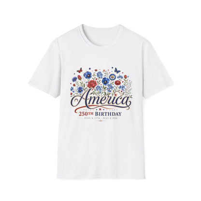 America 250th Birthday Floral T-Shirt — Patriotic 4th of July Tee