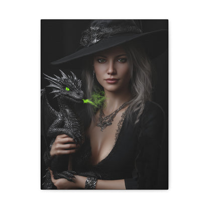 Mystical Dragon Wall Art, Dark Fantasy Home Decor, Witch and Dragon Canvas, Enchanted Art Print, Gothic Room Decoration
