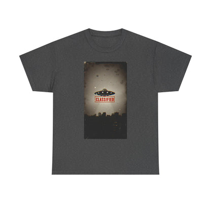 Classified UFO --Unisex Heavy Cotton Tee, Alien Graphic Tee, Sci-Fi Shirt, Gift for UFO Lovers, Casual Wear, Halloween Costume